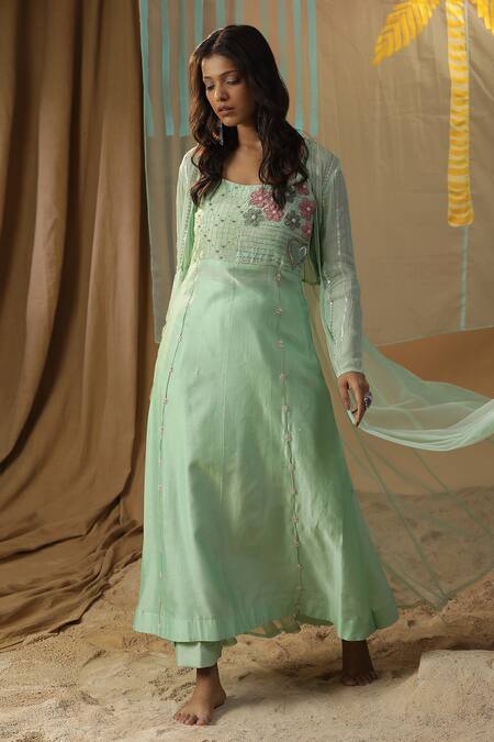 Buy_Arpita Sulakshana_Green Chanderi, Georgette Embroidery, Beads, Stones Floral Kurta With Jacket _Online_at_Aza_Fashions