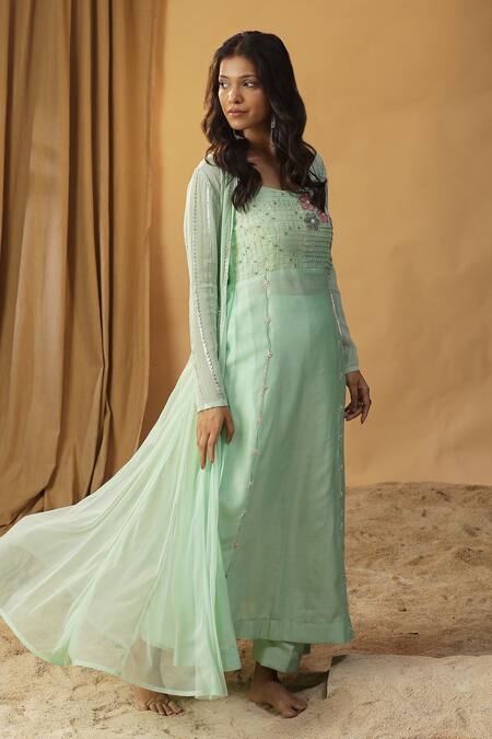 Arpita Sulakshana_Green Chanderi, Georgette Embroidery, Beads, Stones Floral Kurta With Jacket _at_Aza_Fashions