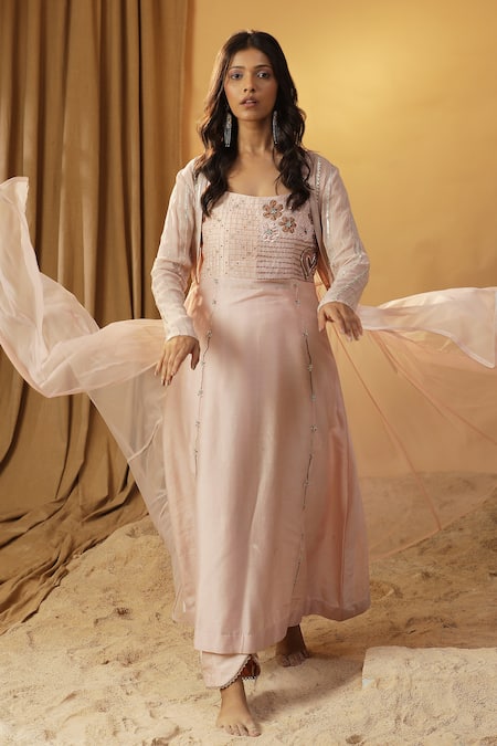 Arpita Sulakshana_Pink Chanderi, Georgette Embroidery, Sequins, Beads Stones Kurta With Jacket _Online_at_Aza_Fashions