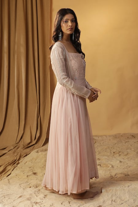 Shop_Arpita Sulakshana_Pink Chanderi, Georgette Embroidery, Sequins, Beads Stones Kurta With Jacket _Online_at_Aza_Fashions