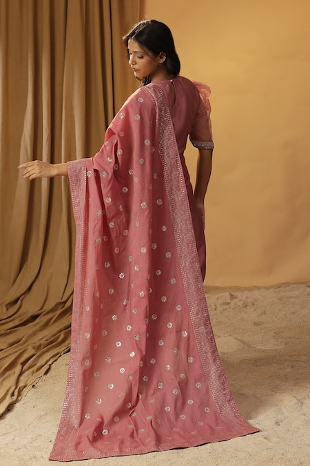Shop Arpita Sulakshana Pink Chanderi Stones, Beads, Bell Flower Hand Painted Kurta And Pant Set at Aza Fashions Shop_Arpita Sulakshana_Pink Chanderi Stones, Beads, Bell Flower Hand Painted Kurta And Pant Set _at_Aza_Fashions