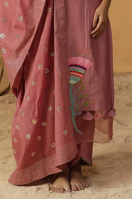 Arpita Sulakshana Pink Chanderi Stones, Beads, Bell Flower Hand Painted Kurta And Pant Set Online at Aza Fashions Arpita Sulakshana_Pink Chanderi Stones, Beads, Bell Flower Hand Painted Kurta And Pant Set _Online_at_Aza_Fashions