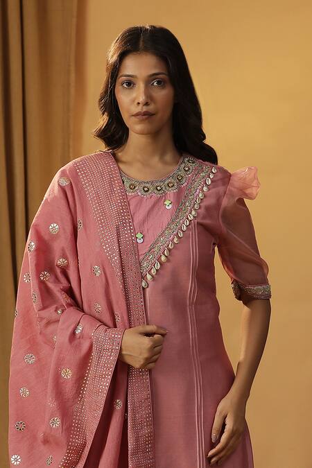 Buy Arpita Sulakshana Pink Chanderi Stones, Beads, Bell Flower Hand Painted Kurta And Pant Set Online at Aza Fashions Buy_Arpita Sulakshana_Pink Chanderi Stones, Beads, Bell Flower Hand Painted Kurta And Pant Set _Online_at_Aza_Fashions