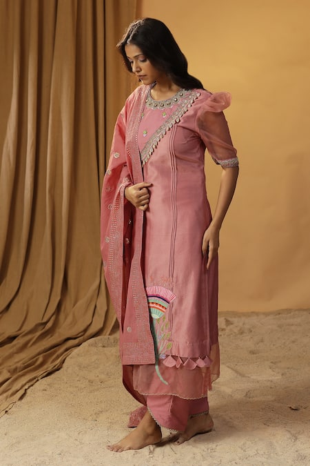 Shop_Arpita Sulakshana_Pink Chanderi Stones, Beads, Bell Flower Hand Painted Kurta And Pant Set _Online_at_Aza_Fashions