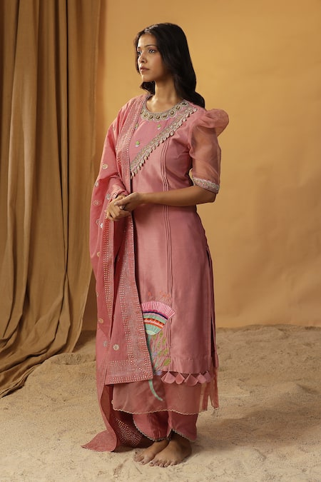 Arpita Sulakshana Pink Chanderi Stones, Beads, Bell Flower Hand Painted Kurta And Pant Set at Aza Fashions Arpita Sulakshana_Pink Chanderi Stones, Beads, Bell Flower Hand Painted Kurta And Pant Set _at_Aza_Fashions