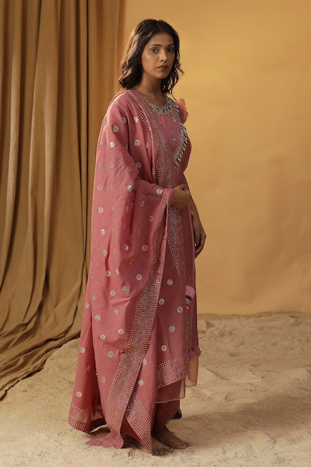 Shop Arpita Sulakshana Pink Chanderi Stones, Beads, Bell Flower Hand Painted Kurta And Pant Set Shop_Arpita Sulakshana_Pink Chanderi Stones, Beads, Bell Flower Hand Painted Kurta And Pant Set