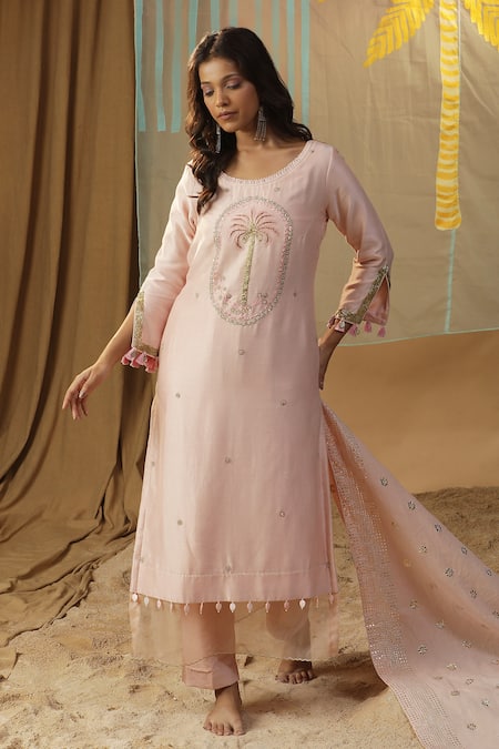 Shop_Arpita Sulakshana_Pink Chanderi Beads, Stones, Patchwork, Palm Tree Yoke Kurta And Pant Set _Online_at_Aza_Fashions