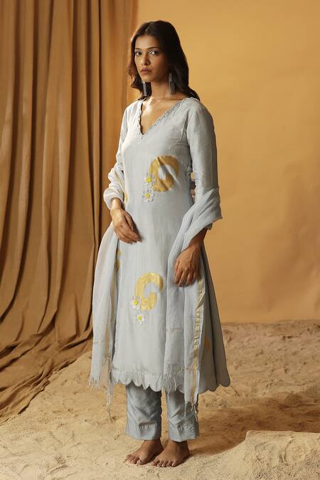 Arpita Sulakshana_Blue Silk Cut Work, Foil Printing, Embroidery Floral Cutdana Kurta And Pant Set _Online_at_Aza_Fashions