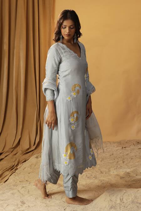 Arpita Sulakshana_Blue Silk Cut Work, Foil Printing, Embroidery Floral Cutdana Kurta And Pant Set _at_Aza_Fashions