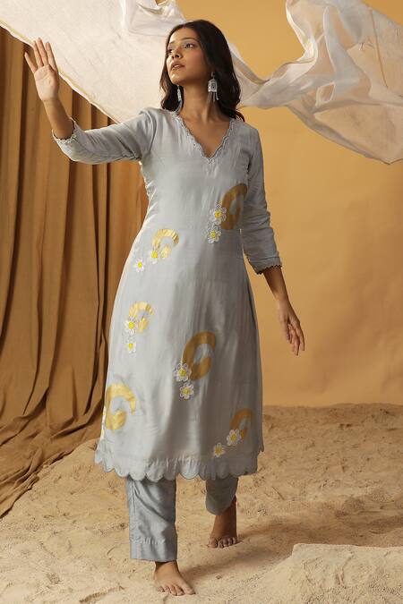 Buy_Arpita Sulakshana_Blue Silk Cut Work, Foil Printing, Embroidery Floral Cutdana Kurta And Pant Set 