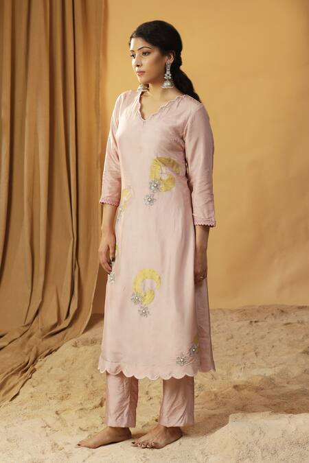 Arpita Sulakshana_Pink Silk Cut Work, Foil Printing, Embroidery Hand Paint Kurta And Pant Set _Online_at_Aza_Fashions