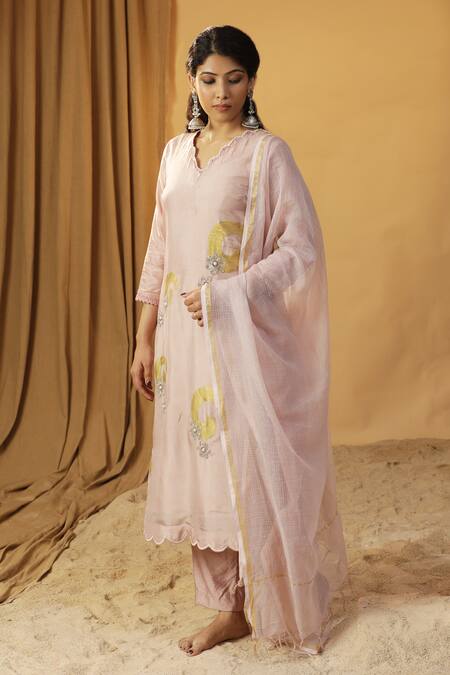 Shop_Arpita Sulakshana_Pink Silk Cut Work, Foil Printing, Embroidery Hand Paint Kurta And Pant Set _Online_at_Aza_Fashions