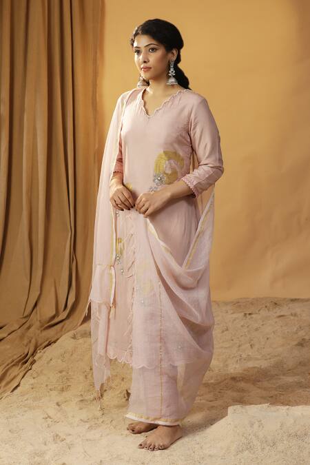 Arpita Sulakshana_Pink Silk Cut Work, Foil Printing, Embroidery Hand Paint Kurta And Pant Set _at_Aza_Fashions