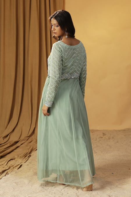 Shop_Arpita Sulakshana_Green Chanderi Beads, Stones, Lace Square Sequin Embroidered Kurta With Jacket _at_Aza_Fashions