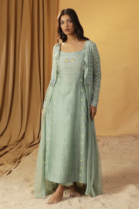 Arpita Sulakshana_Green Chanderi Beads, Stones, Lace Square Sequin Embroidered Kurta With Jacket _Online_at_Aza_Fashions