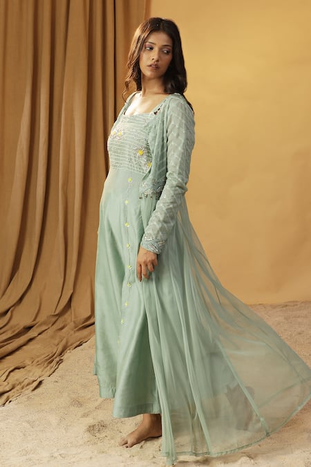 Buy_Arpita Sulakshana_Green Chanderi Beads, Stones, Lace Square Sequin Embroidered Kurta With Jacket _Online_at_Aza_Fashions