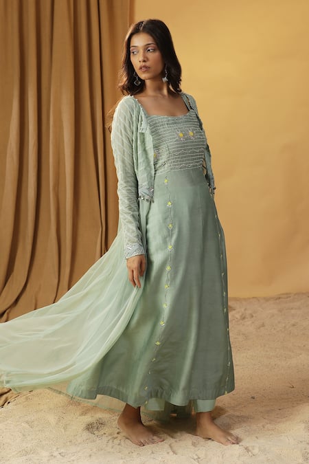 Shop_Arpita Sulakshana_Green Chanderi Beads, Stones, Lace Square Sequin Embroidered Kurta With Jacket _Online_at_Aza_Fashions