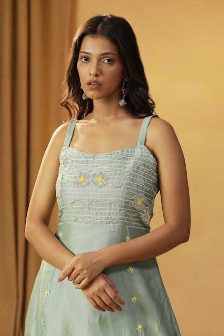 Arpita Sulakshana_Green Chanderi Beads, Stones, Lace Square Sequin Embroidered Kurta With Jacket _at_Aza_Fashions