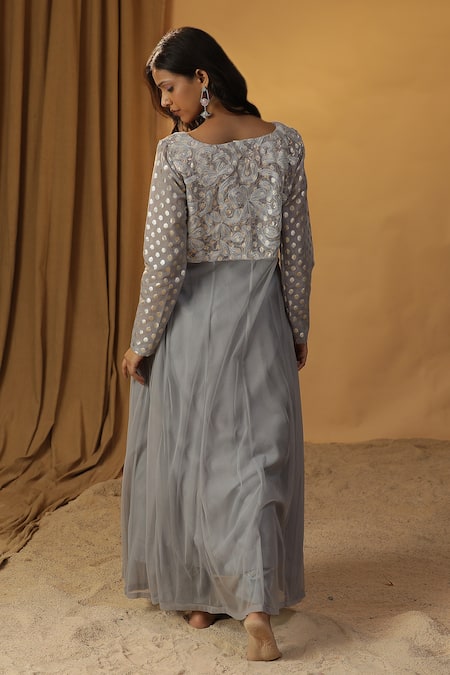 Shop Arpita Sulakshana Blue Chanderi Embroidery Square Neck Lace Kurta With Jacket at Aza Fashions Shop_Arpita Sulakshana_Blue Chanderi Embroidery Square Neck Lace Kurta With Jacket _at_Aza_Fashions