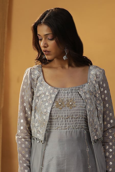Arpita Sulakshana Blue Chanderi Embroidery Square Neck Lace Kurta With Jacket Online at Aza Fashions Arpita Sulakshana_Blue Chanderi Embroidery Square Neck Lace Kurta With Jacket _Online_at_Aza_Fashions