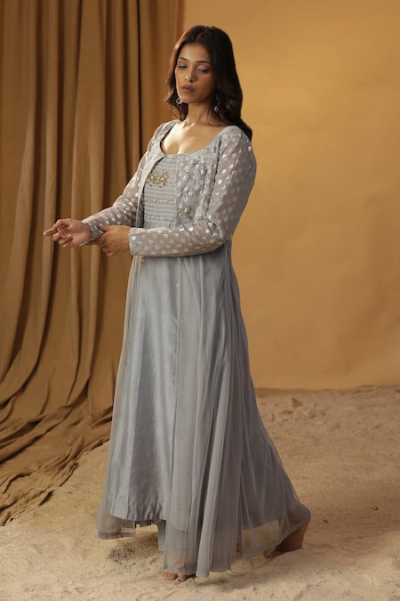Shop_Arpita Sulakshana_Blue Chanderi Embroidery Square Neck Lace Kurta With Jacket _Online_at_Aza_Fashions