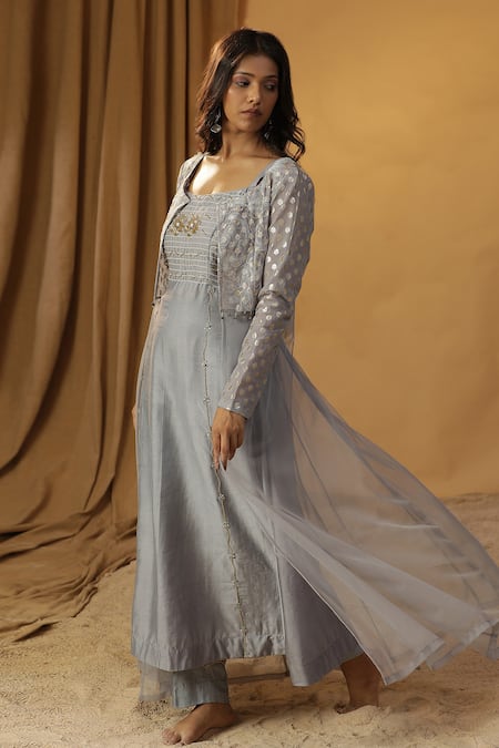 Arpita Sulakshana_Blue Chanderi Embroidery Square Neck Lace Kurta With Jacket _at_Aza_Fashions