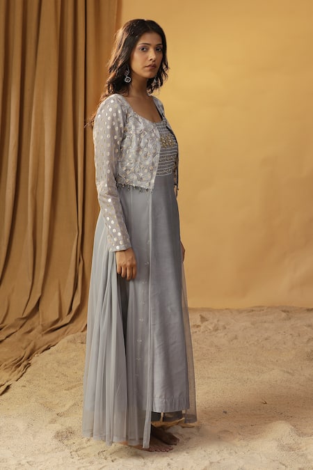 Buy_Arpita Sulakshana_Blue Chanderi Embroidery Square Neck Lace Kurta With Jacket 