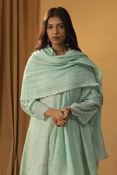 Shop Arpita Sulakshana Green Chanderi Lace, Embroidery Round Neck Resham Kurta And Pant Set Online at Aza Fashions Shop_Arpita Sulakshana_Green Chanderi Lace, Embroidery Round Neck Resham Kurta And Pant Set _Online_at_Aza_Fashions
