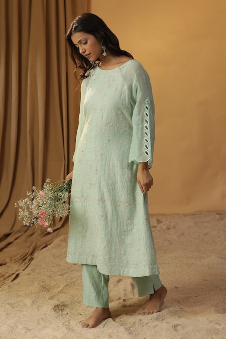 Arpita Sulakshana_Green Chanderi Lace, Embroidery Round Neck Resham Kurta And Pant Set _at_Aza_Fashions