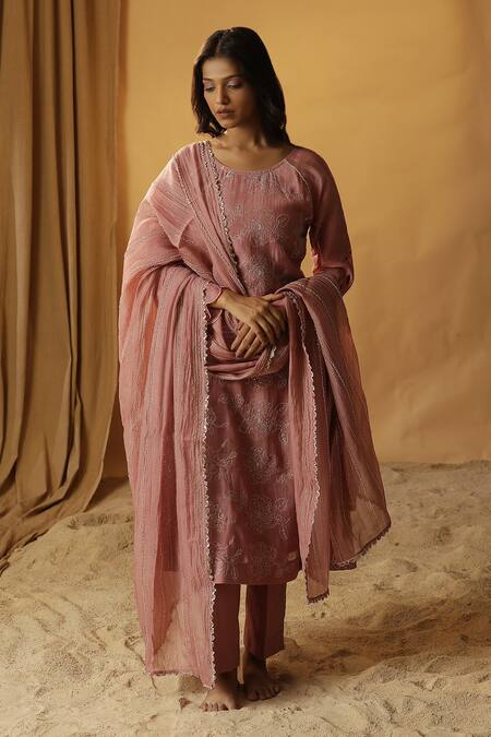Buy Arpita Sulakshana Pink Chanderi Embroidery, Lace Round Neck Resham Kurta And Pant Set Online at Aza Fashions Buy_Arpita Sulakshana_Pink Chanderi Embroidery, Lace Round Neck Resham Kurta And Pant Set _Online_at_Aza_Fashions