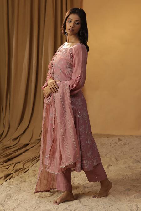 Shop Arpita Sulakshana Pink Chanderi Embroidery, Lace Round Neck Resham Kurta And Pant Set Online at Aza Fashions Shop_Arpita Sulakshana_Pink Chanderi Embroidery, Lace Round Neck Resham Kurta And Pant Set _Online_at_Aza_Fashions