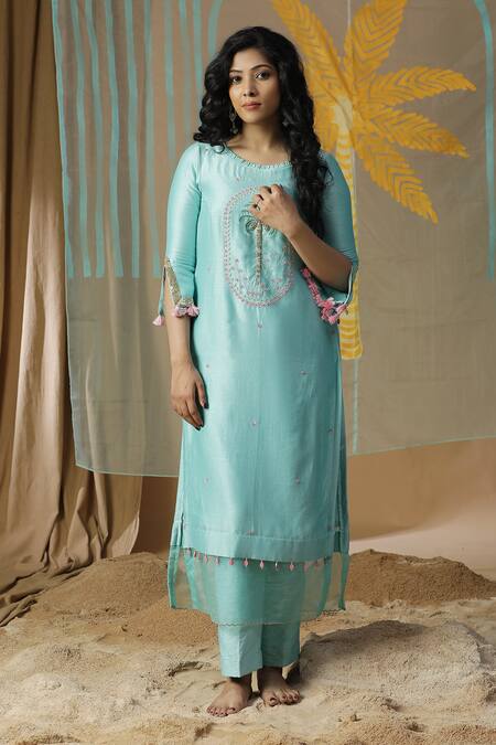 Shop_Arpita Sulakshana_Sky Blue Chanderi Beads, Stones Round Palm Tree Embroidered Kurta And Pant Set _Online_at_Aza_Fashions