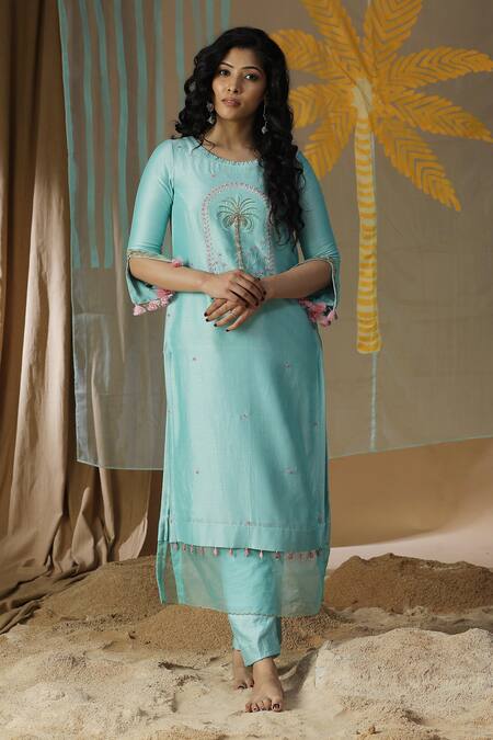 Arpita Sulakshana_Sky Blue Chanderi Beads, Stones Round Palm Tree Embroidered Kurta And Pant Set _at_Aza_Fashions
