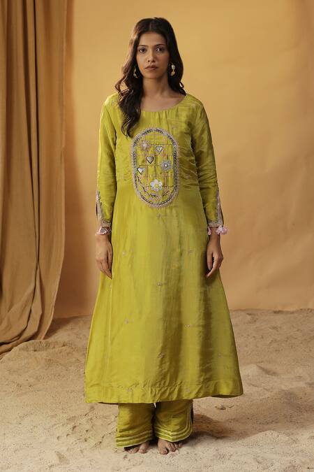 Buy Arpita Sulakshana Green Chanderi Cut Work, Embroidery Round Neck Garden A-line Kurta And Pant Set Online at Aza Fashions Buy_Arpita Sulakshana_Green Chanderi Cut Work, Embroidery Round Neck Garden A-line Kurta And Pant Set _Online_at_Aza_Fashions