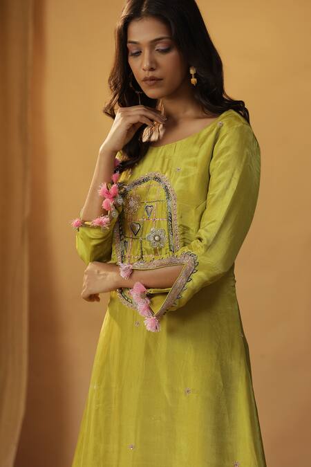 Shop Arpita Sulakshana Green Chanderi Cut Work, Embroidery Round Neck Garden A-line Kurta And Pant Set Online at Aza Fashions Shop_Arpita Sulakshana_Green Chanderi Cut Work, Embroidery Round Neck Garden A-line Kurta And Pant Set _Online_at_Aza_Fashions