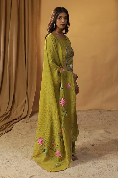 Buy Arpita Sulakshana Green Chanderi Cut Work, Embroidery Round Neck Garden A-line Kurta And Pant Set Buy_Arpita Sulakshana_Green Chanderi Cut Work, Embroidery Round Neck Garden A-line Kurta And Pant Set