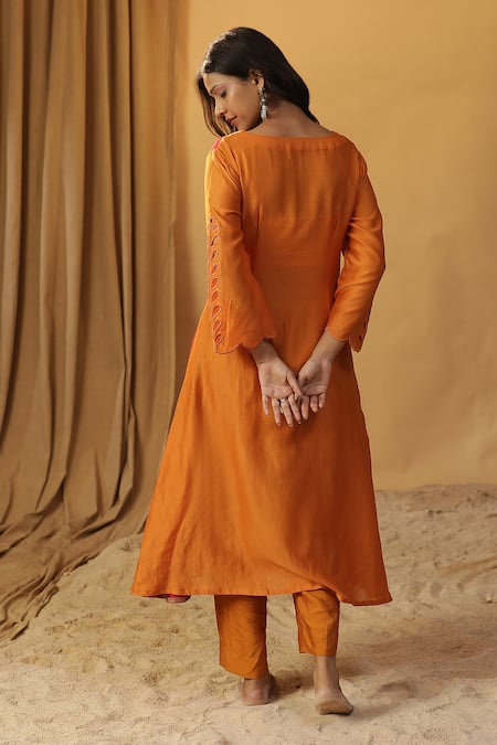 Shop_Arpita Sulakshana_Orange Chanderi Embroidery, Mirrors, Tassels Silk Hand Painted Kurta And Pant Set _at_Aza_Fashions