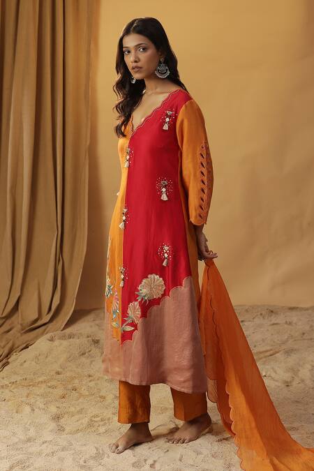 Arpita Sulakshana_Orange Chanderi Embroidery, Mirrors, Tassels Silk Hand Painted Kurta And Pant Set _Online_at_Aza_Fashions