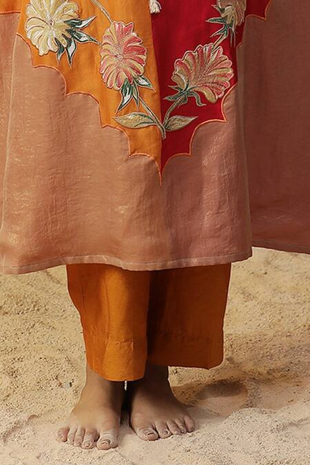 Buy_Arpita Sulakshana_Orange Chanderi Embroidery, Mirrors, Tassels Silk Hand Painted Kurta And Pant Set _Online_at_Aza_Fashions