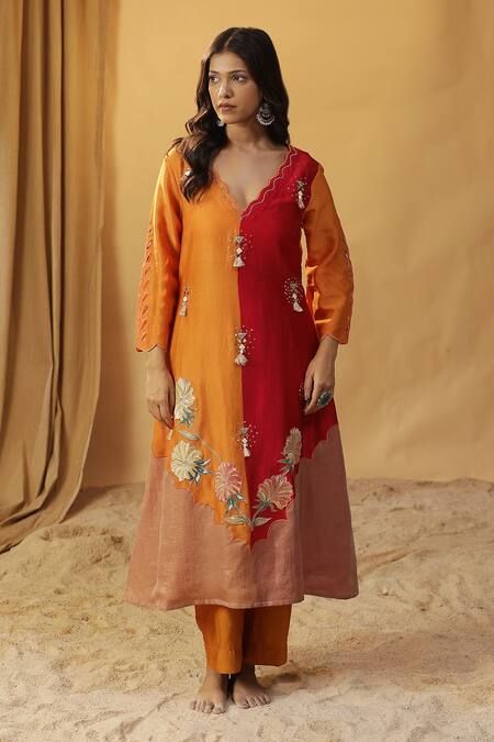 Shop_Arpita Sulakshana_Orange Chanderi Embroidery, Mirrors, Tassels Silk Hand Painted Kurta And Pant Set _Online_at_Aza_Fashions