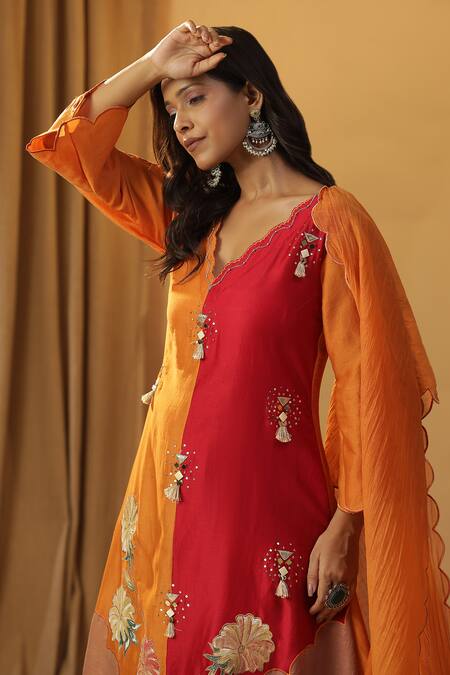 Arpita Sulakshana_Orange Chanderi Embroidery, Mirrors, Tassels Silk Hand Painted Kurta And Pant Set _at_Aza_Fashions