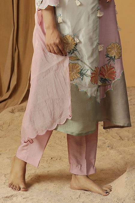 Buy Arpita Sulakshana Pink Chanderi Tassels V-neck Silk Embroidered Kurta And Pant Set Online at Aza Fashions Buy_Arpita Sulakshana_Pink Chanderi Tassels V-neck Silk Embroidered Kurta And Pant Set _Online_at_Aza_Fashions