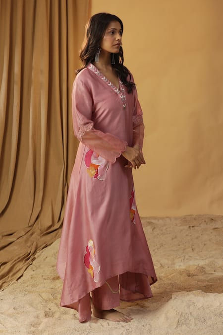 Shop_Arpita Sulakshana_Pink Chanderi Pearls, Cut Work V-neck Hand Painted A-line Kurta With Pant _Online_at_Aza_Fashions