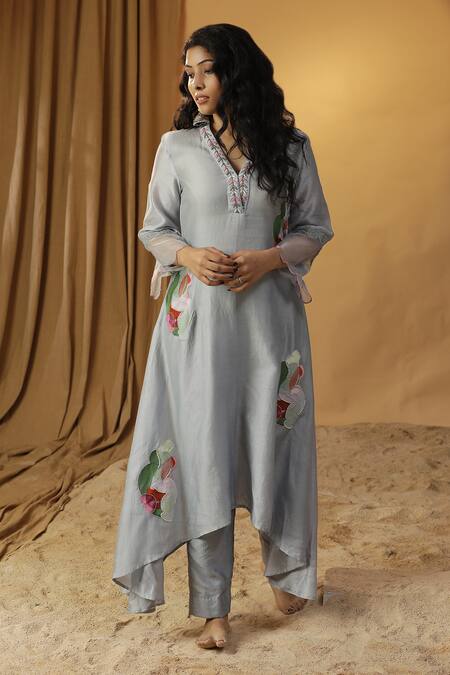 Shop_Arpita Sulakshana_Blue Chanderi Embroidery V-neck A-line Kurta With Pant _Online_at_Aza_Fashions
