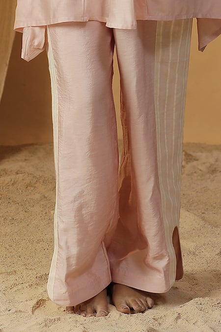 Arpita Sulakshana Pink Chanderi Embroidery, Cut Work Round Neck Pearl Asymmetric Kurta With Pant Online at Aza Fashions Arpita Sulakshana_Pink Chanderi Embroidery, Cut Work Round Neck Pearl Asymmetric Kurta With Pant _Online_at_Aza_Fashions