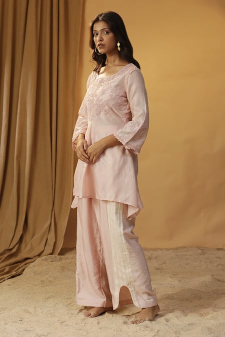 Shop Arpita Sulakshana Pink Chanderi Embroidery, Cut Work Round Neck Pearl Asymmetric Kurta With Pant Online at Aza Fashions Shop_Arpita Sulakshana_Pink Chanderi Embroidery, Cut Work Round Neck Pearl Asymmetric Kurta With Pant _Online_at_Aza_Fashions