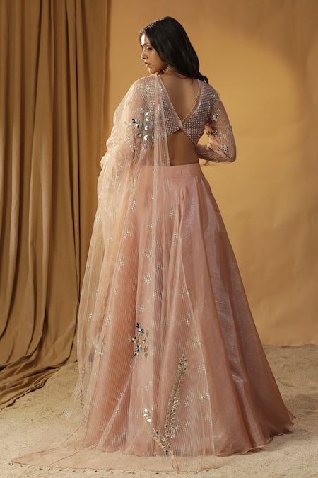 Shop Arpita Sulakshana Peach Chanderi Mirrors, Pearls, Sequins Halter Embroidered Blouse And Lehenga Set at Aza Fashions Shop_Arpita Sulakshana_Peach Chanderi Mirrors, Pearls, Sequins Halter Embroidered Blouse And Lehenga Set _at_Aza_Fashions