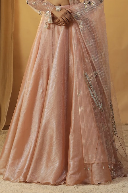 Arpita Sulakshana Peach Chanderi Mirrors, Pearls, Sequins Halter Embroidered Blouse And Lehenga Set Online at Aza Fashions Arpita Sulakshana_Peach Chanderi Mirrors, Pearls, Sequins Halter Embroidered Blouse And Lehenga Set _Online_at_Aza_Fashions