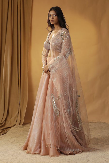 Shop Arpita Sulakshana Peach Chanderi Mirrors, Pearls, Sequins Halter Embroidered Blouse And Lehenga Set Online at Aza Fashions Shop_Arpita Sulakshana_Peach Chanderi Mirrors, Pearls, Sequins Halter Embroidered Blouse And Lehenga Set _Online_at_Aza_Fashions