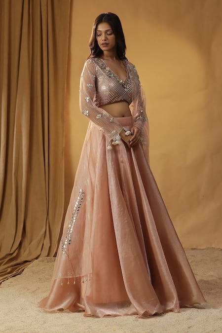 Arpita Sulakshana Peach Chanderi Mirrors, Pearls, Sequins Halter Embroidered Blouse And Lehenga Set at Aza Fashions Arpita Sulakshana_Peach Chanderi Mirrors, Pearls, Sequins Halter Embroidered Blouse And Lehenga Set _at_Aza_Fashions
